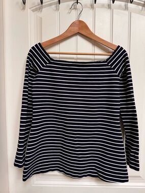 Dejcuba Navy and Blue Striped Wide Boat Neck Top. Size S